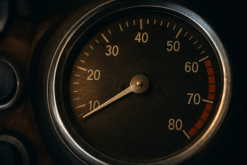 A vintage analogue tachometer in warm light, its needle resting low near idle.