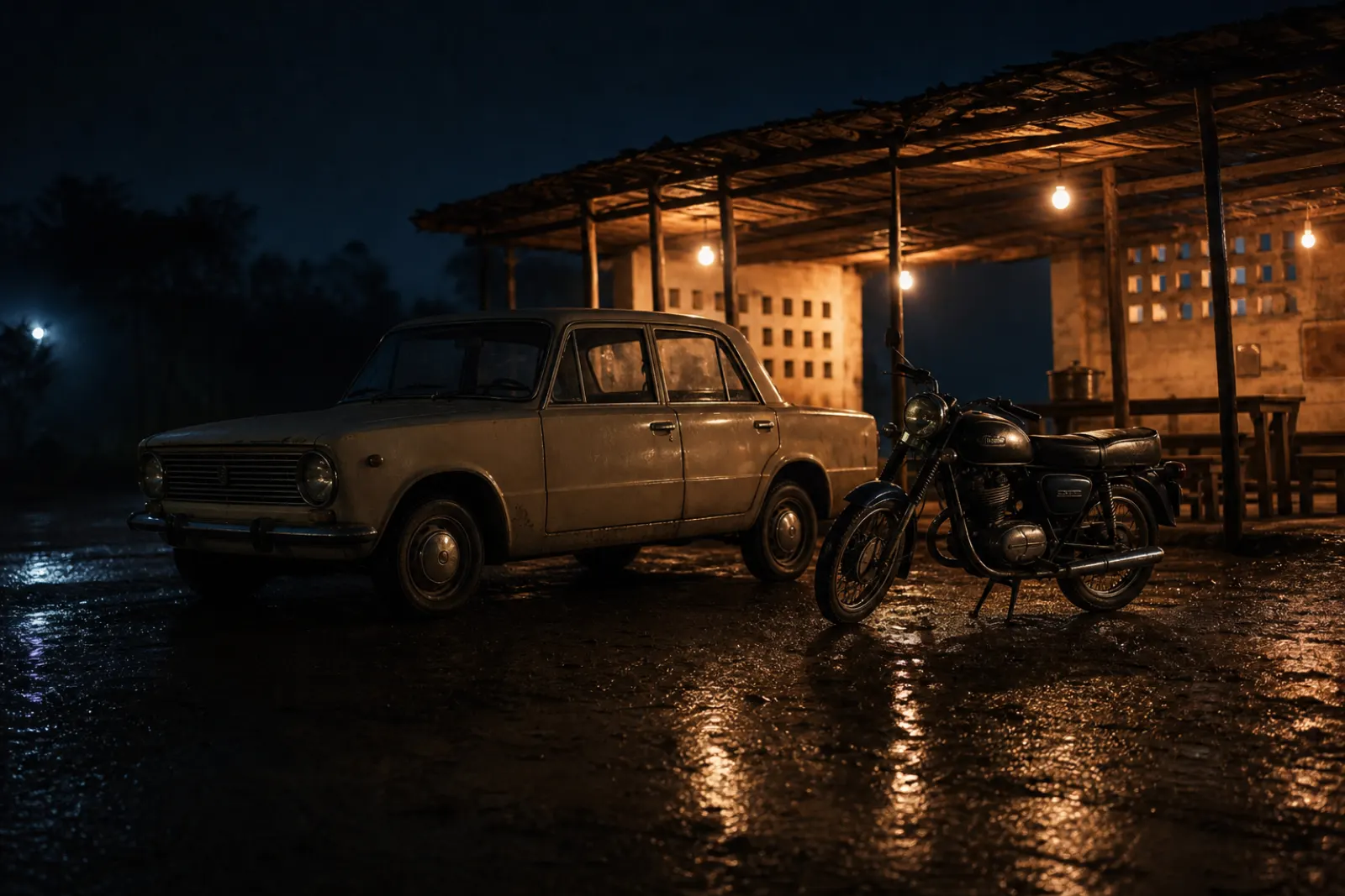A classic sedan and a motorcycle parked side by side outside a roadside dhaba at night, warm lamplight under the shelter and the wet ground reflecting the glow.