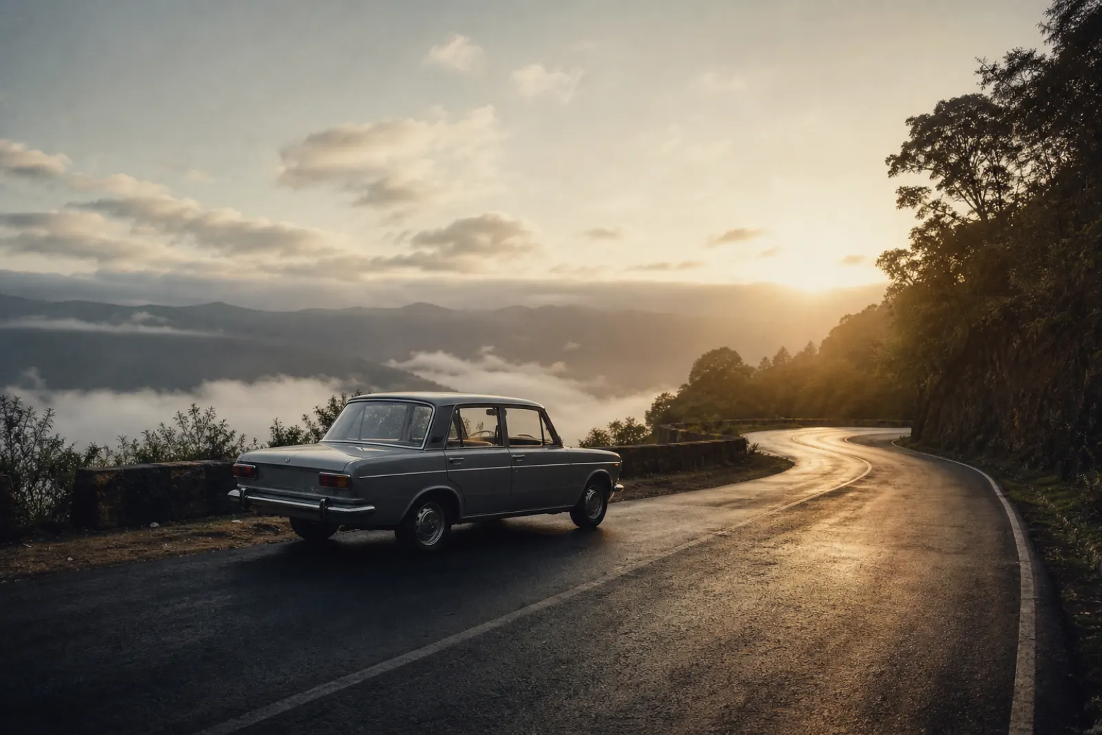 A classic sedan parked at a Western Ghats viewpoint at first light, the road curving down into a mist-filled valley as the sun breaks over the ridge.
